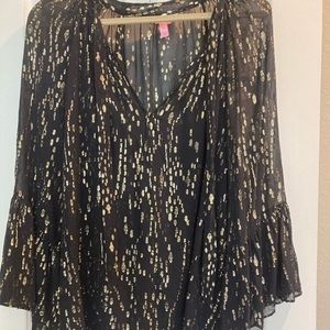 Lilly Pulitzer long bell sleeve black and gold fish print XL